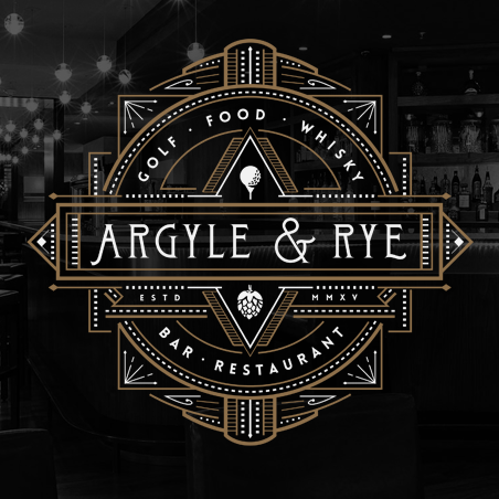 Numerous iterations of a geometric “Argyle and Rye” logo