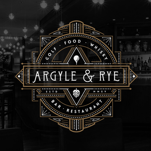 Numerous iterations of a geometric “Argyle and Rye” logo