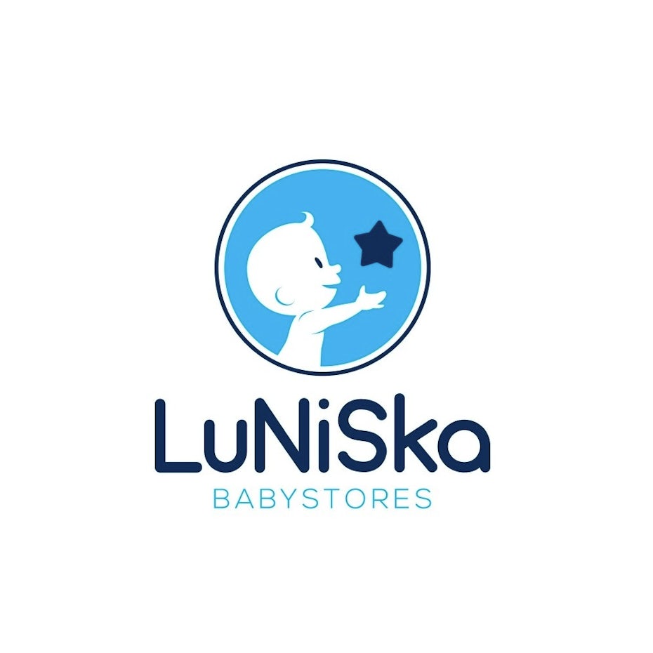 Round blue logo of a baby reaching for a star