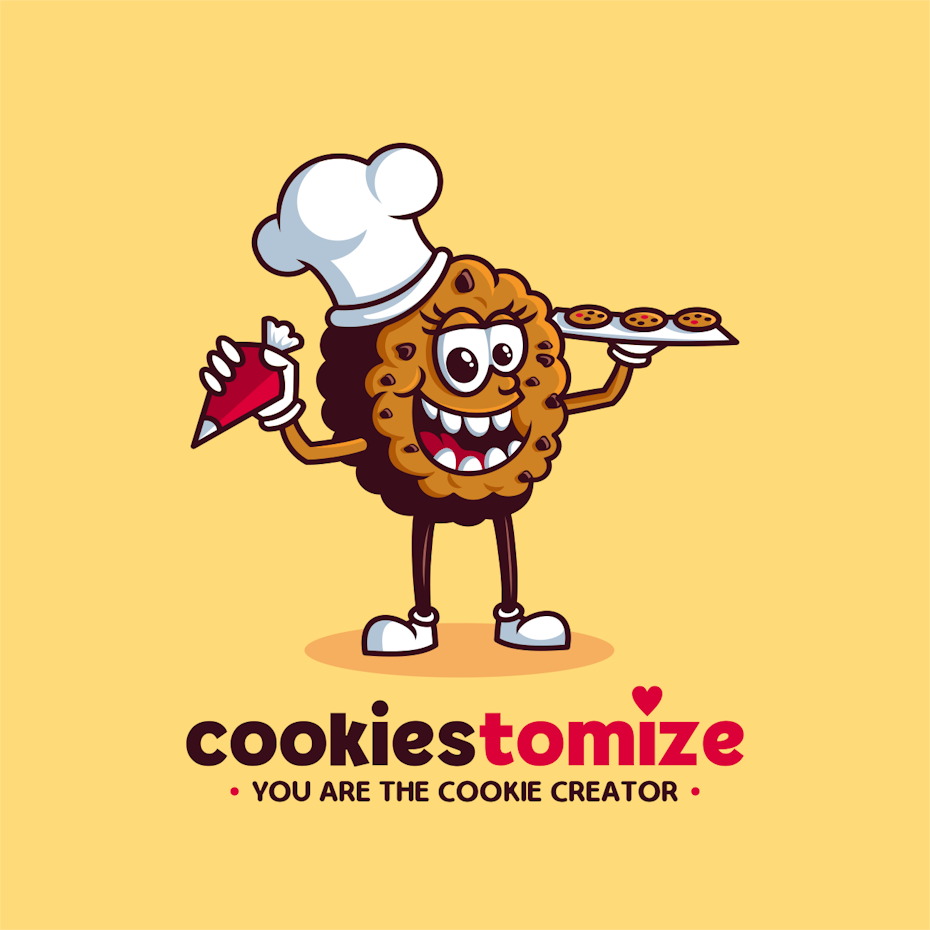 Cookie with a face smiling as it shows off the cookies its baked and is pastry bag