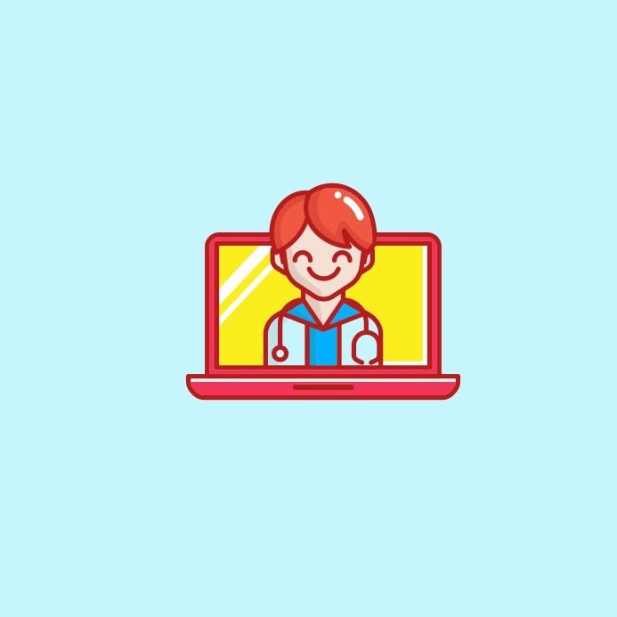 Open laptop with a smiling doctor on the screen