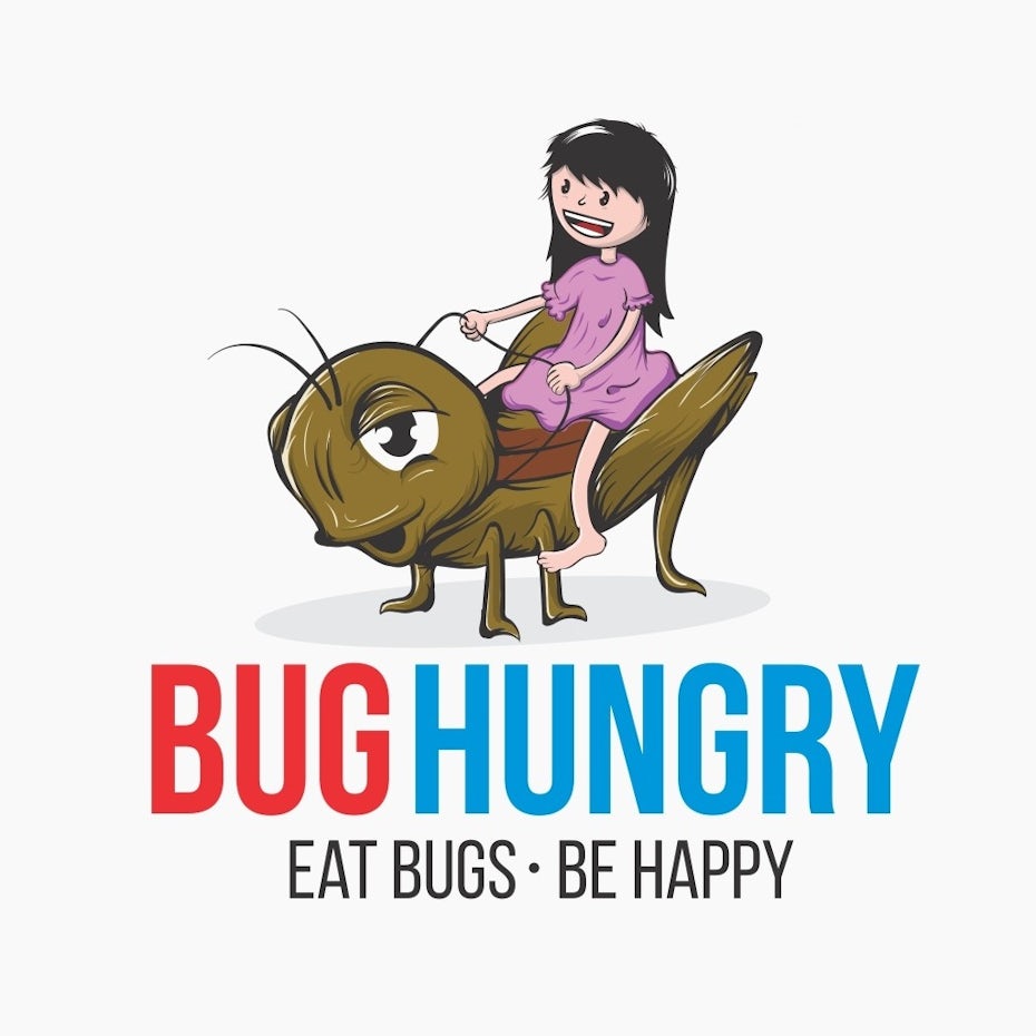 Girl riding a grasshopper with the text “bug hungry. Eat bugs be happy”