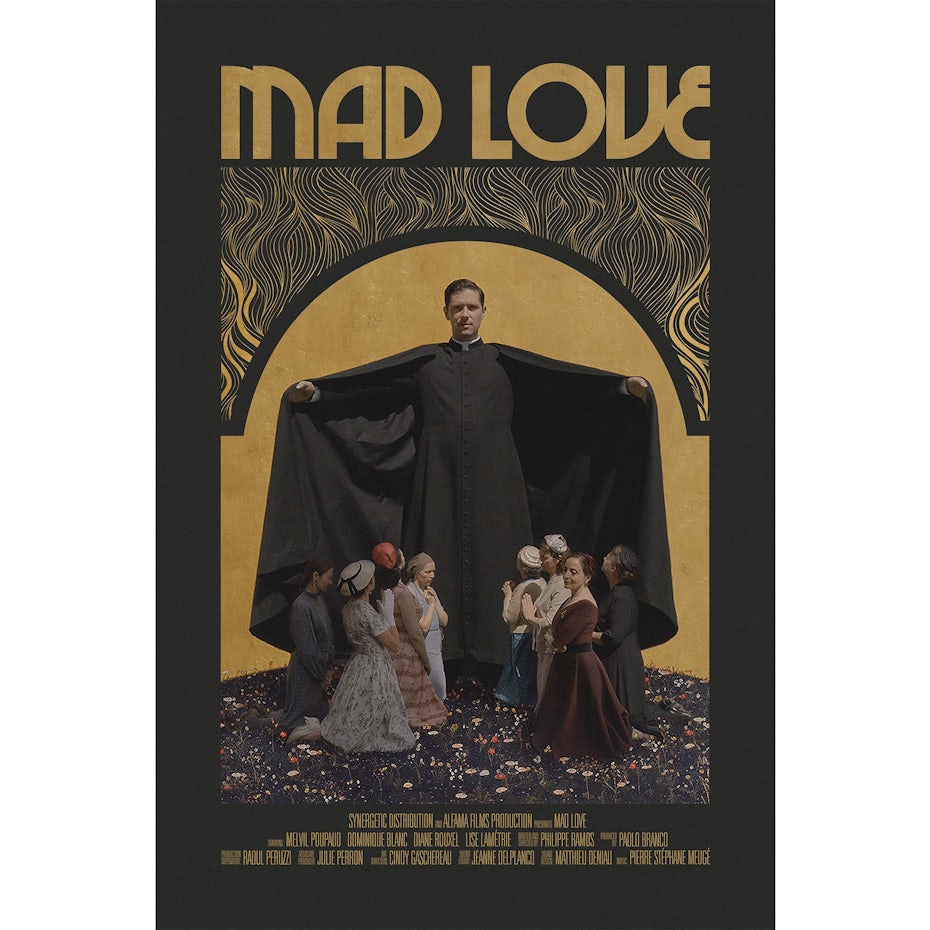 Large male figure towering over many smaller female figures under the text “Mad Love”