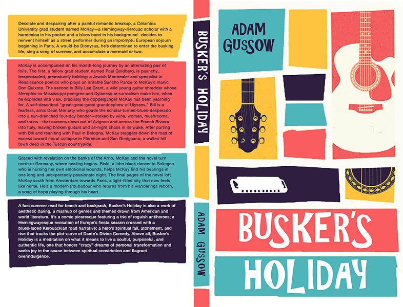 Colorful musical book cover for Buskers Holiday