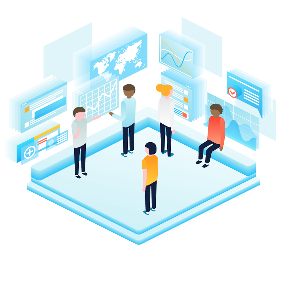 people working together in a room surrounded by screens