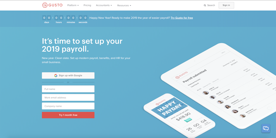 新客户的Gusto主页