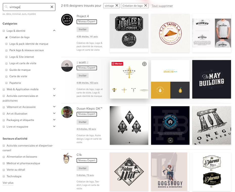 L'outil de recherche "Trouver un designer" de 99designs