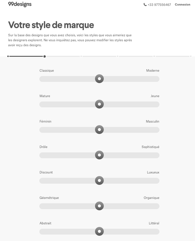 Outil permettant de décrire la personnalité de sa marque pour lancer un concours de logo sur 99designs