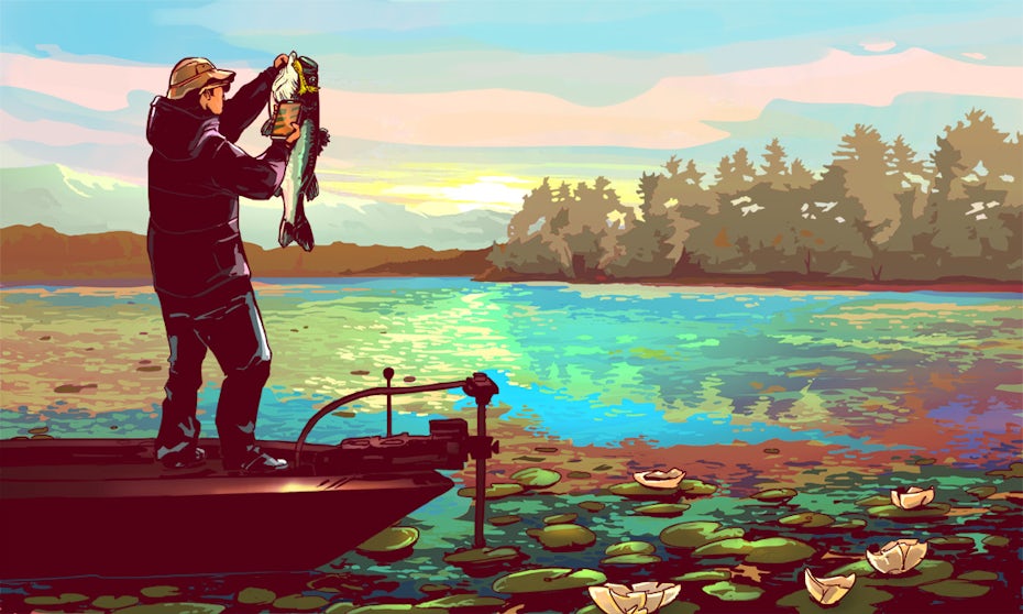 colorful illustration of a fisherman catching a fish