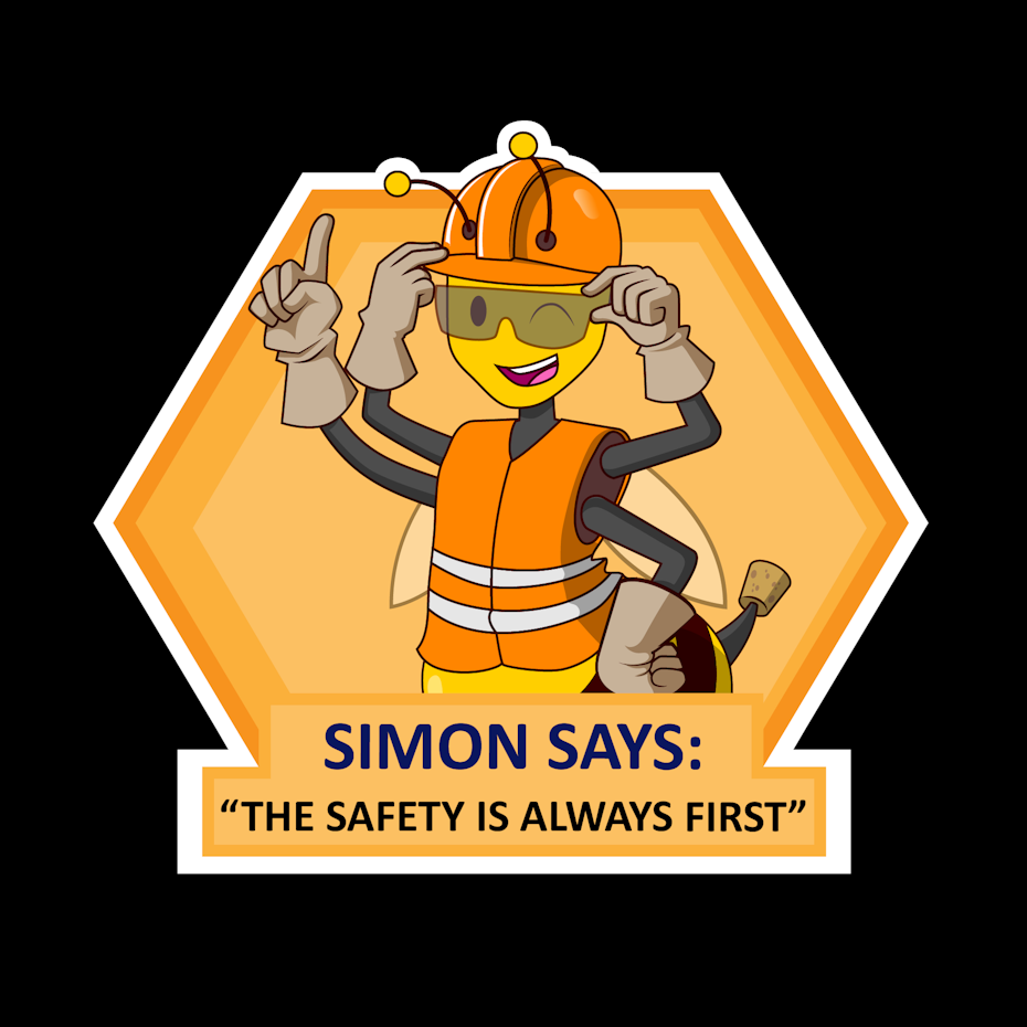 卡通大黄蜂穿着安全装备与文本“西蒙说：安全始终是第一”