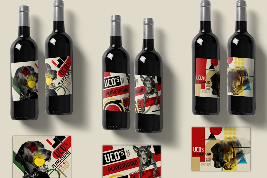 Product packaging with Bauhaus design for Uco’s Playground Wine