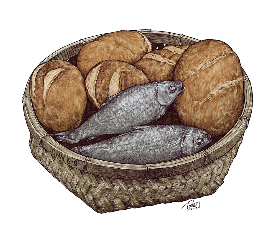 realistic illustration of fish and bread loaves in a basket