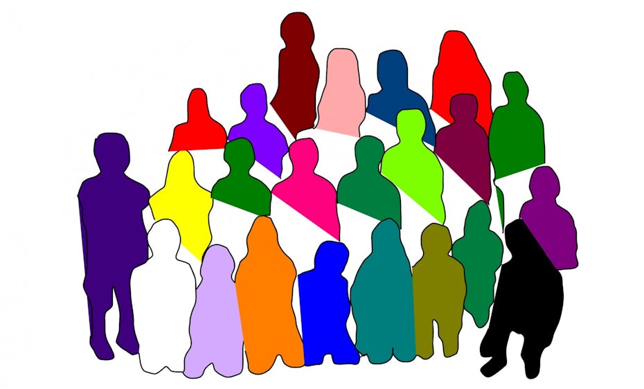 line drawing of a large group of different-colored people in silhouette