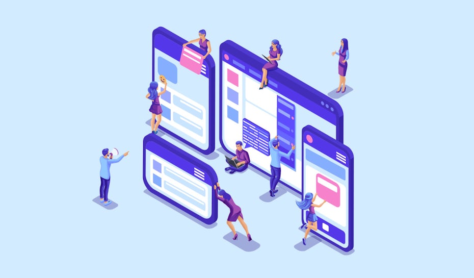 illustration of people building the parts of a website