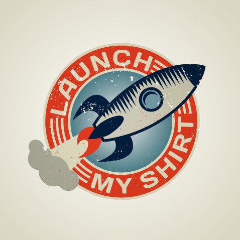 A retro-futuristic logo of a rocket