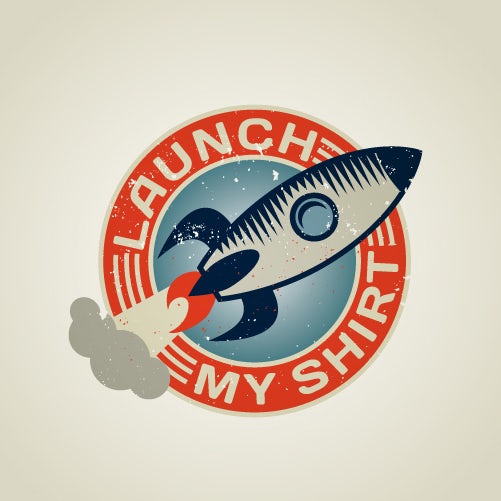 A retro-futuristic logo of a rocket
