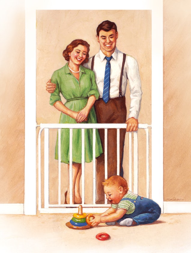 1950s style illustration of parents and baby at home