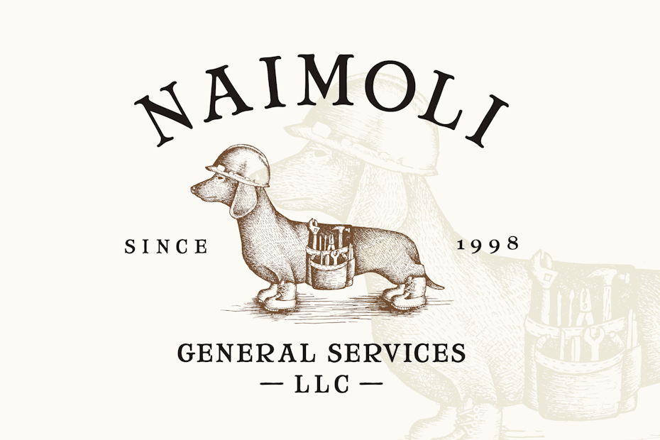 sepia logo of a dachshund wearing a construction vest and hardhat