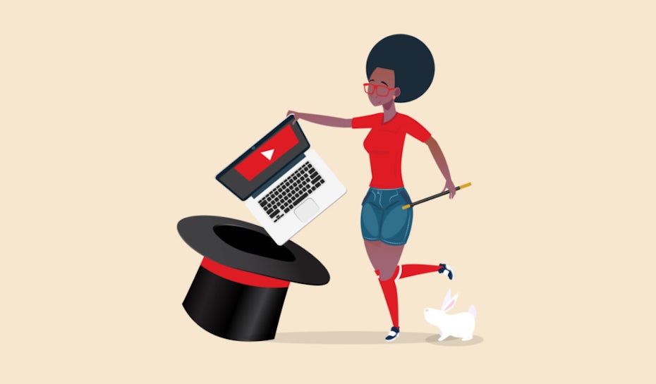 illustration of woman pulling laptop out of a hat