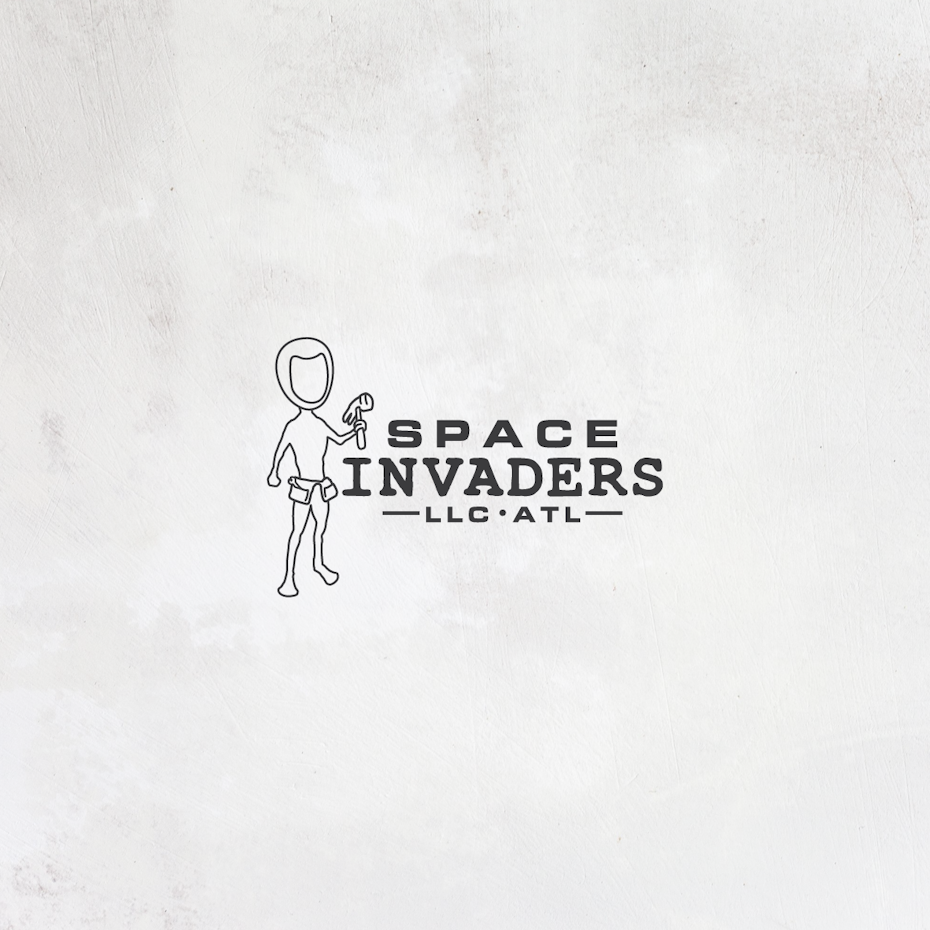 line drawing of an alien with the text “space invaders llc”