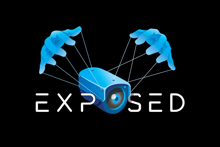 blue and gray image of a surveillance camera attached to two hands with strings and the text “exposed”