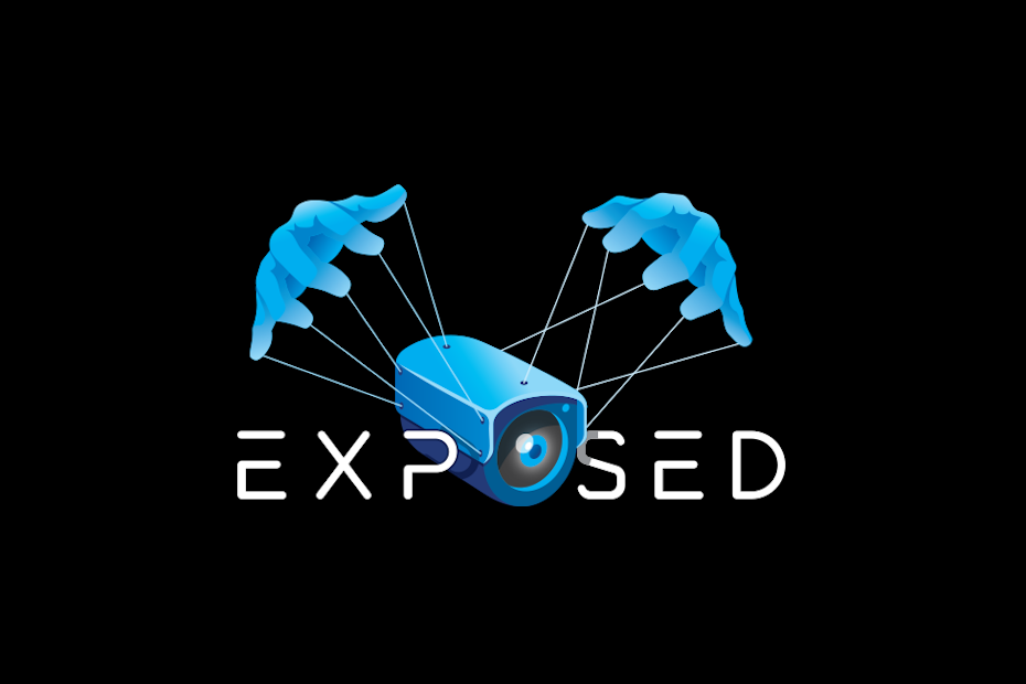 blue and gray image of a surveillance camera attached to two hands with strings and the text “exposed”