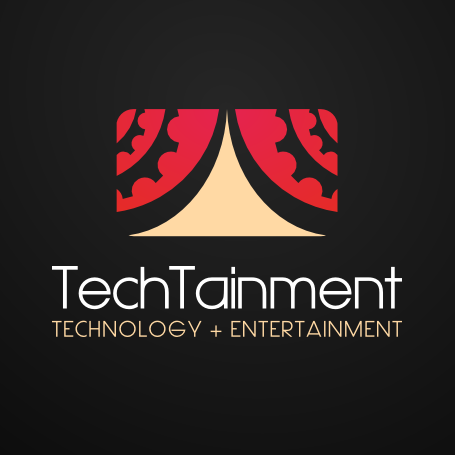 stylized image of a stage with red curtains and the text “TechTainment technology + entertainment”