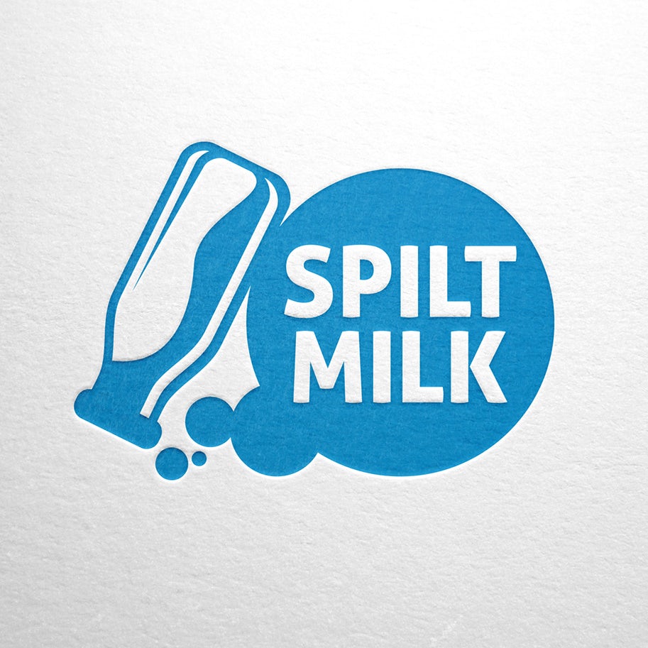 blue and white image of an upside-down milk bottle and the text “spilt milk” in a circle beside it