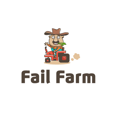 cartoon farmer sitting on a tractor with the text “fail farm”