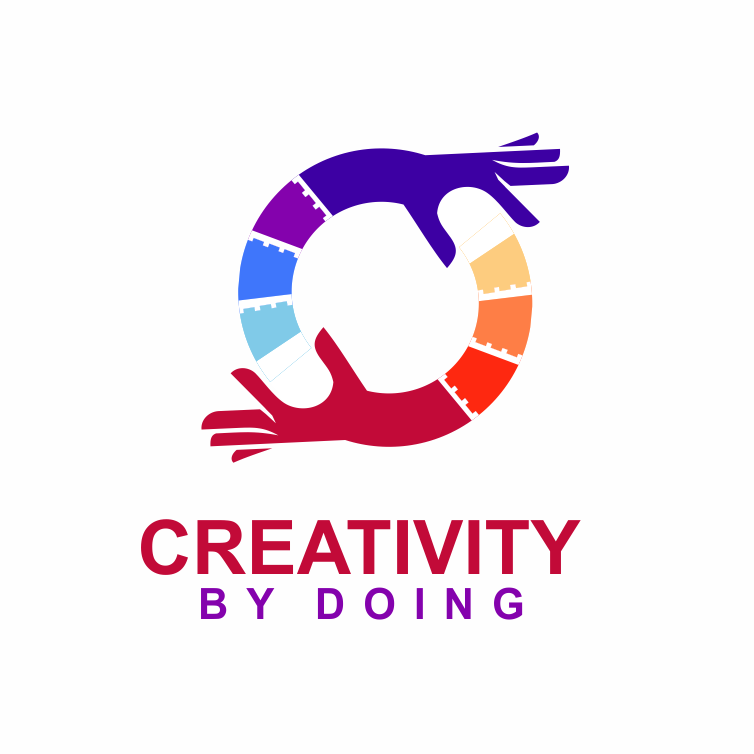 circular logo of hands reaching forward at the ends of color-chip arms