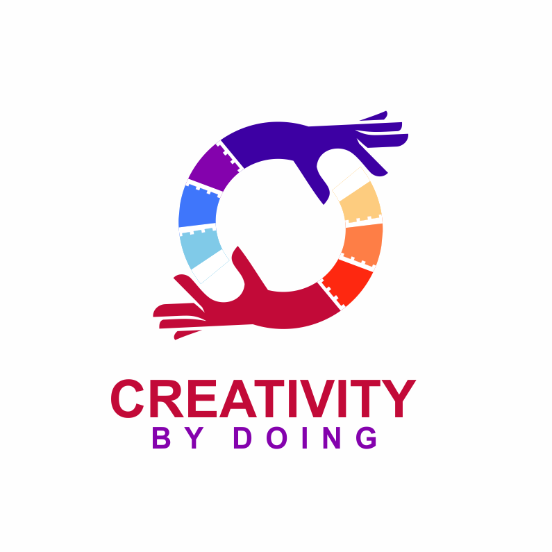 circular logo of hands reaching forward at the ends of color-chip arms