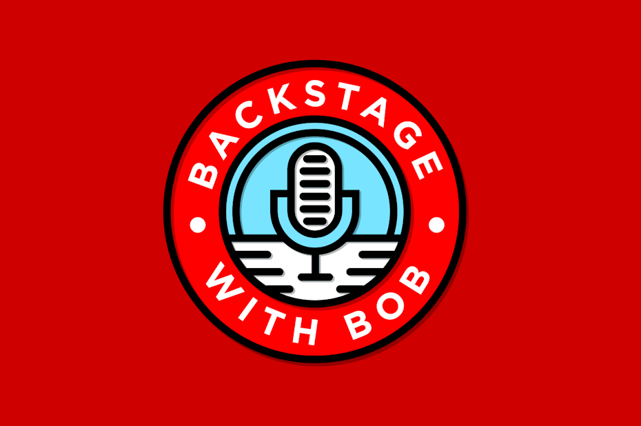 Round logo featuring a microphone with the text “Backstage with Bob”