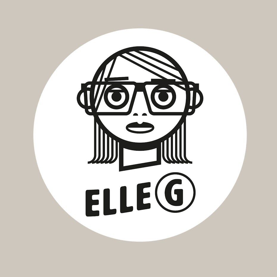 line drawing of a woman wearing glasses and the text “elle G”