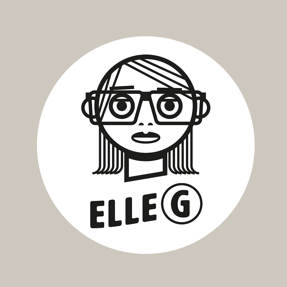 line drawing of a woman wearing glasses and the text “elle G”