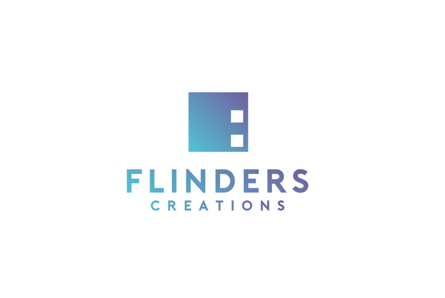 blue and purple gradient square with the text “flinders creations”
