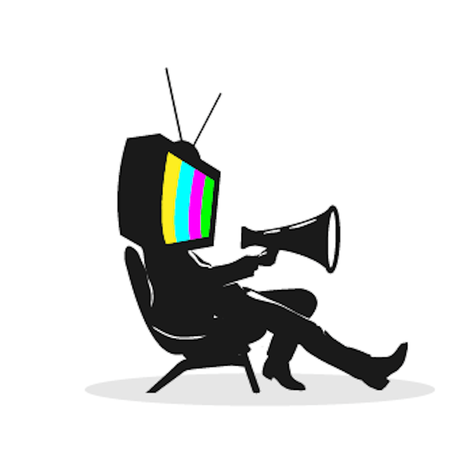 Logo illustration of a man with a TV for a head holding a megaphone