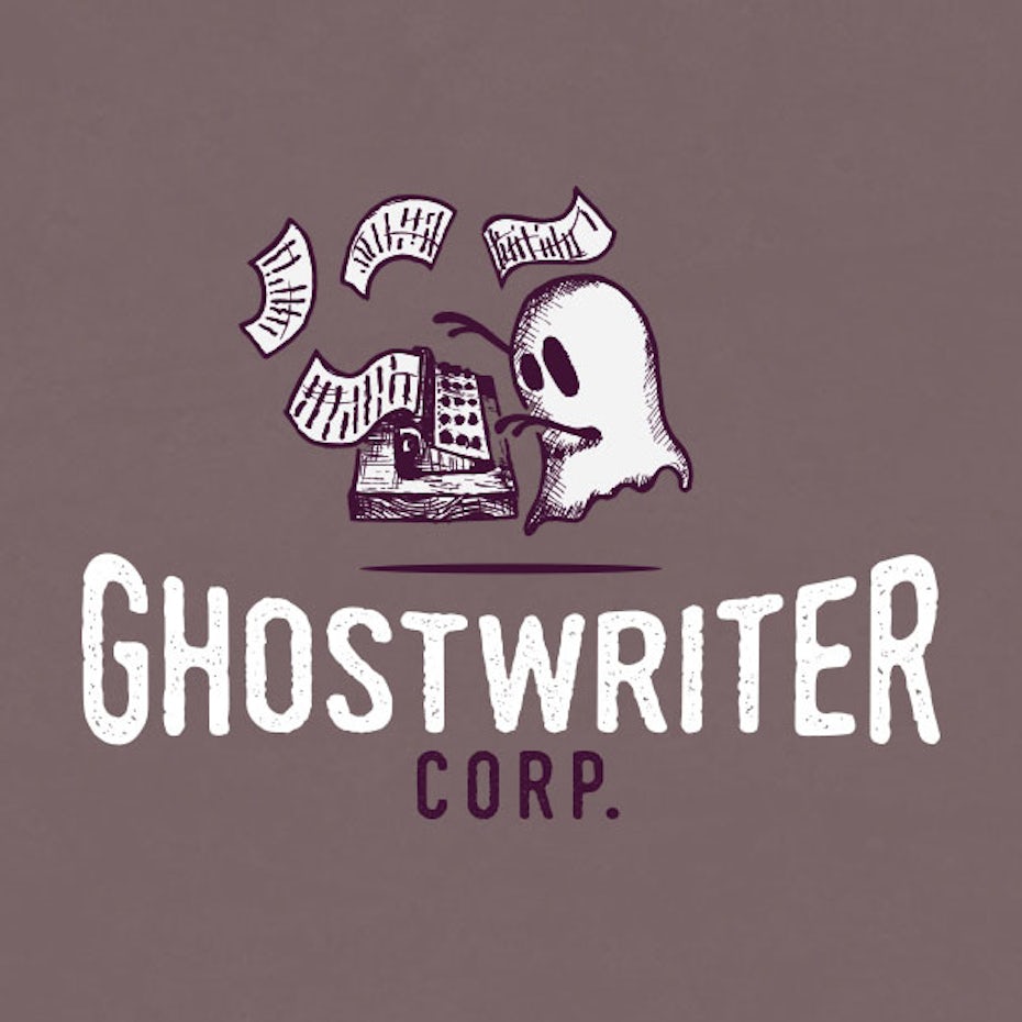 Logo design of a ghost at a typewriter