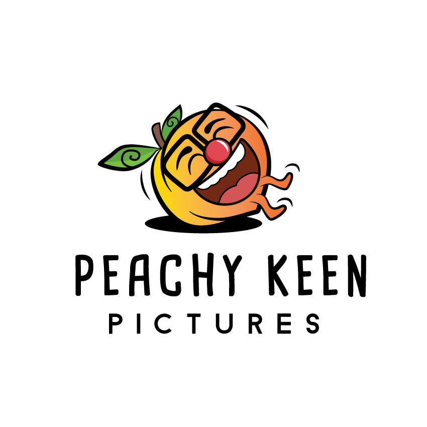 peach with glasses and a face laughing hysterically with the text “peachy keen pictures”