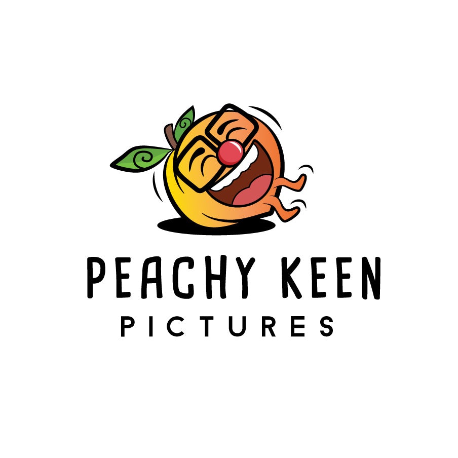 peach with glasses and a face laughing hysterically with the text “peachy keen pictures”