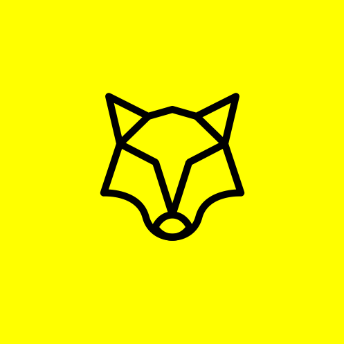 geometric image of a wolf’s head against a bright yellow background
