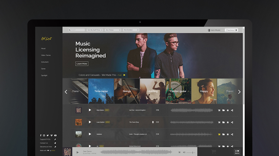 Artlist.io high-quality stock music service homepage