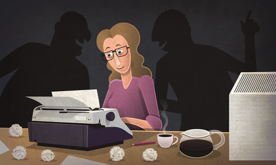 illustration of woman writing script on typewriter