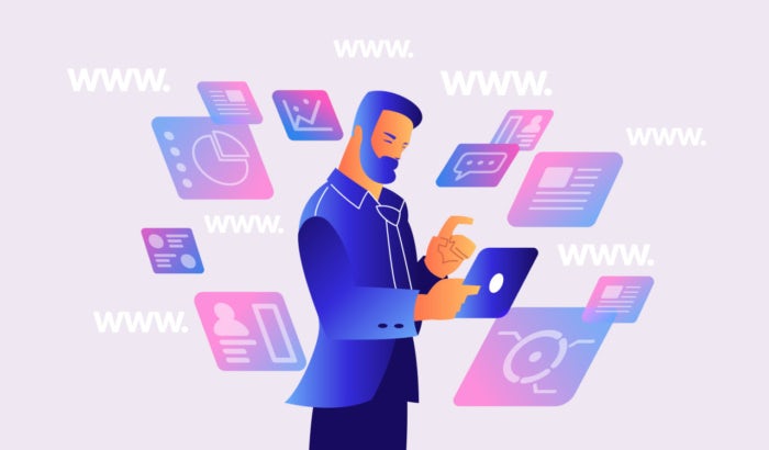 illustration of man surrounded by floating websites