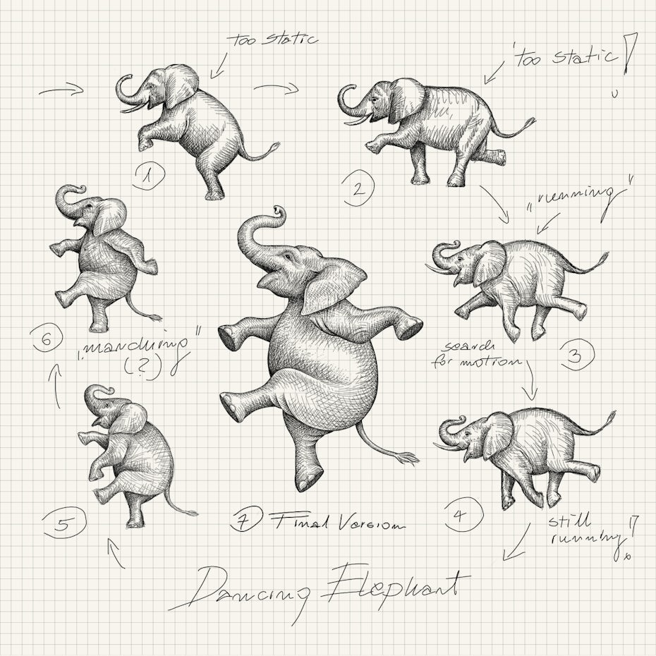 dancing elephant logo design sketch process