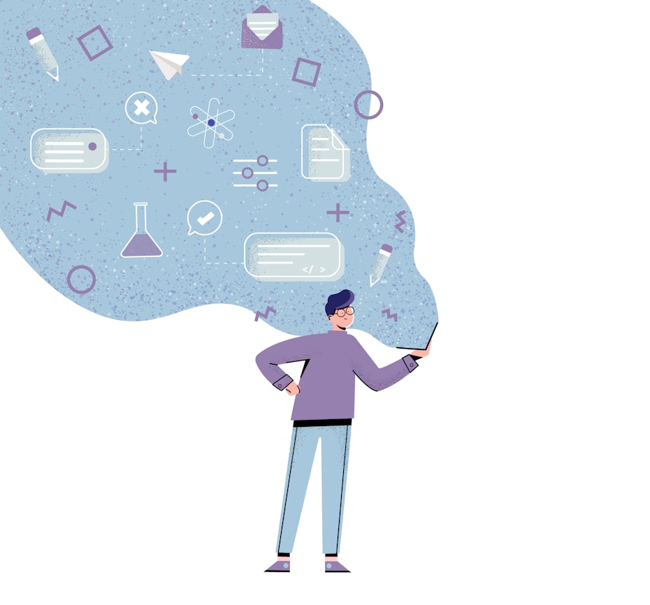 Character illustration of a student with a laptop projecting abstract symbols of learning