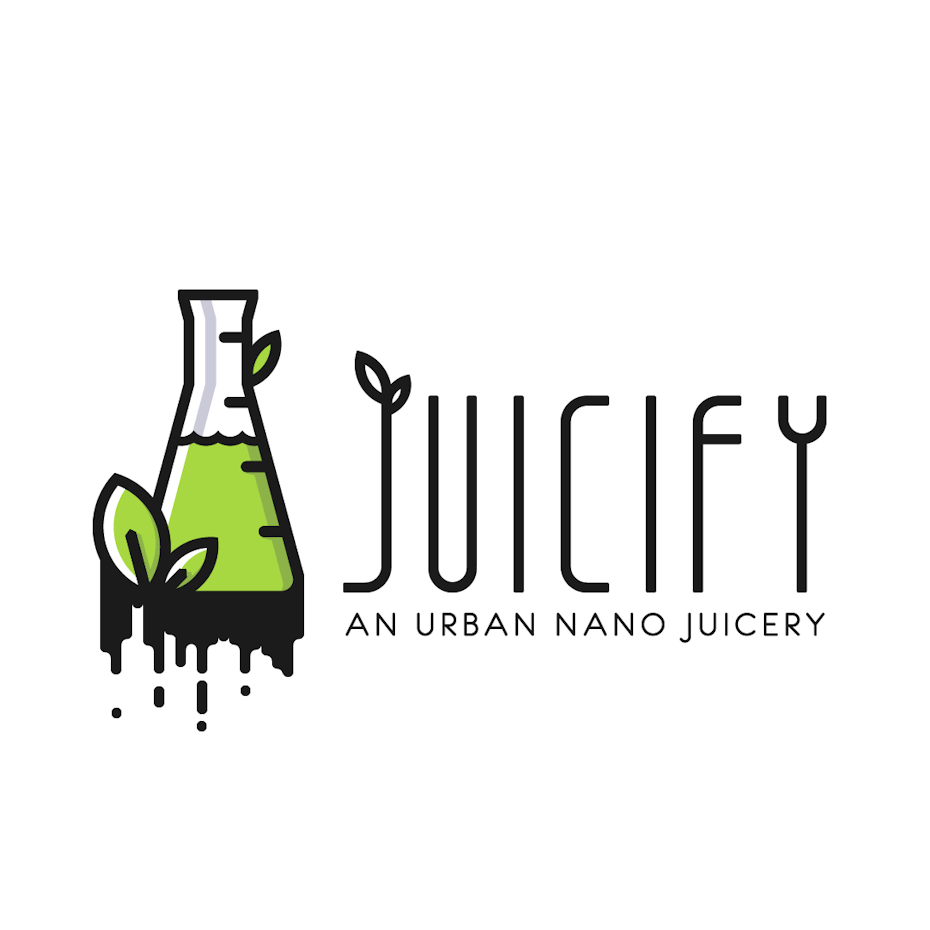 modern, line art juice logo design with beaker and leaves