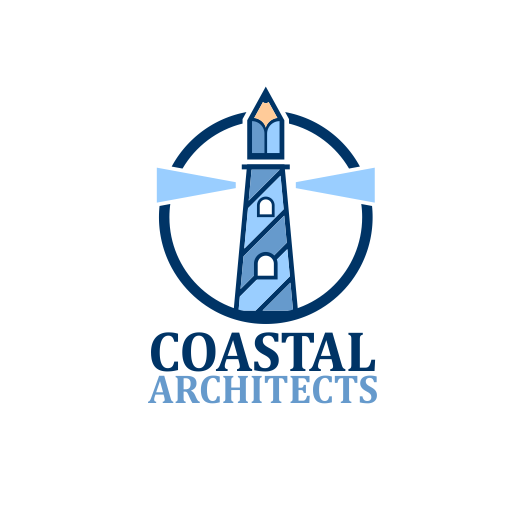 blue lighthouse with a pencil at the top and the text “Coastal Architects”