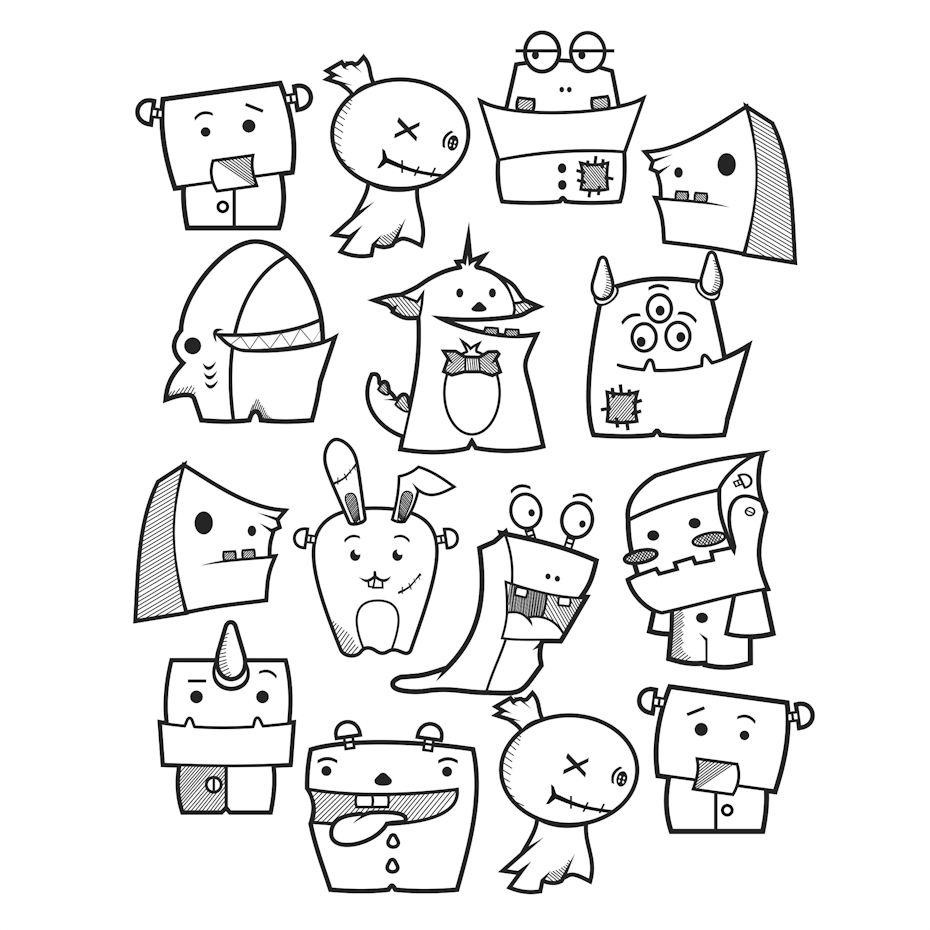 black and white drawing featuring cute little monsters