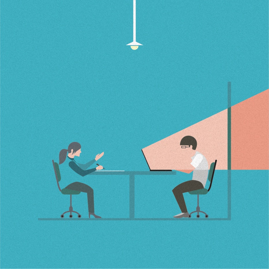 An illustration of two people sitting across a table in a job interview