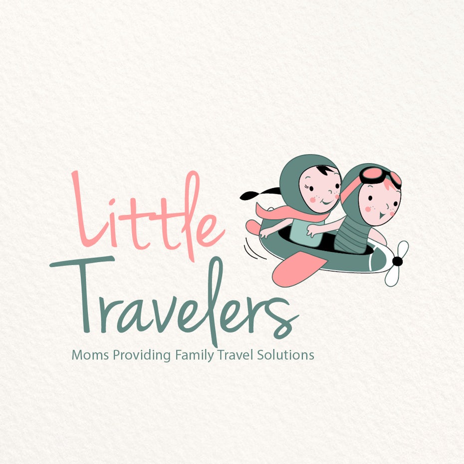 drawing of two toddlers, one boy and one girl, wearing vintage aviator gear and riding in an old-fashioned airplane